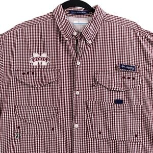 Mississippi State Columbia Fishing Shirt Men M Maroon Gingham Super Bonehead PFG